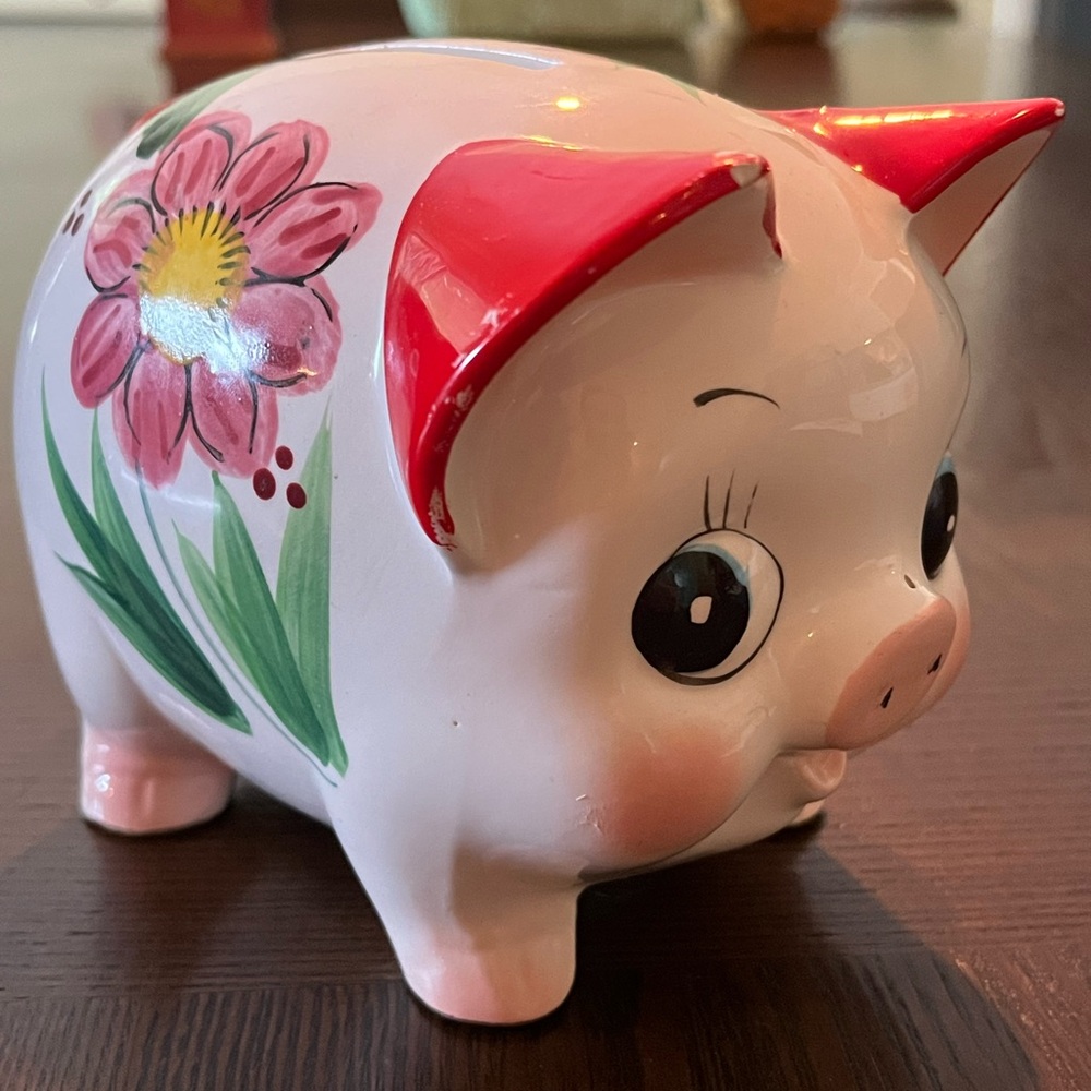 ▫️Vtg Piggy Bank Floral Mid Century 50s/60s